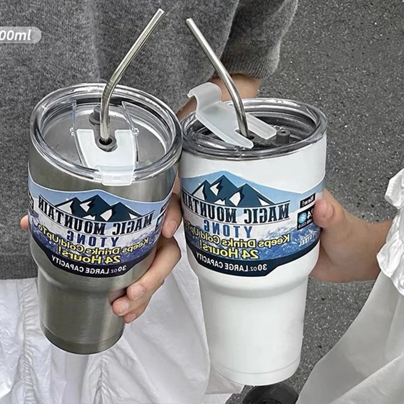 Stainless Steel Large Capacity Thermos Bottle Ice Cube Cup Portable Car Water Bottle Women Men Outdoor Cold Beer Cup Straw Mug